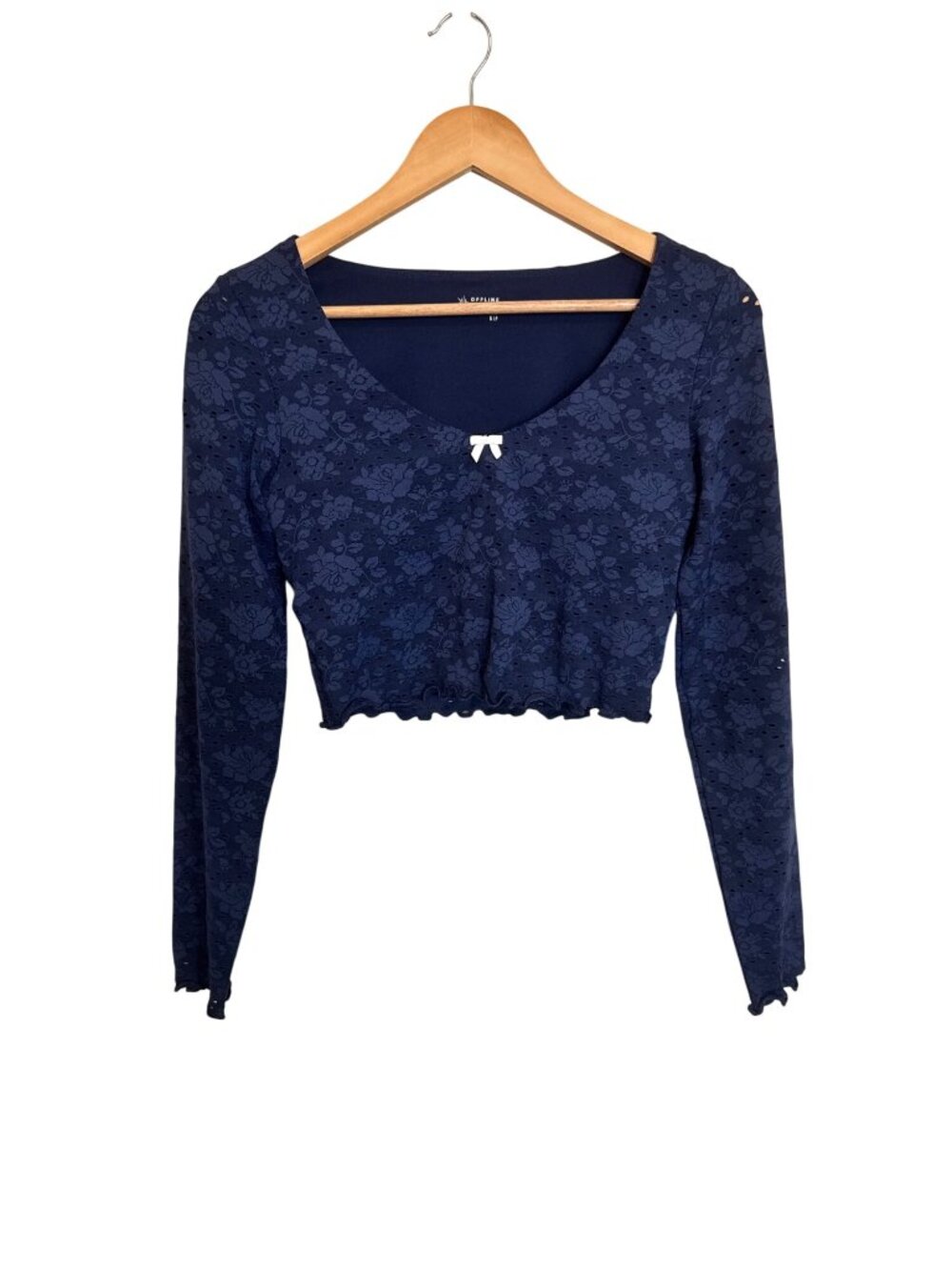 NEW Offline By Aerie Navy Lace-Textured Long-Sleeve Cropped Womens Size Small